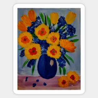 Tulips and carnations on a metallic blue vase Sticker